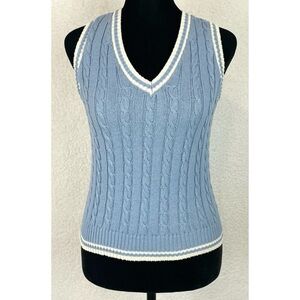 SAY WHAT • Blue/Cream Cable Knit V-Neck Cropped Sweater Vest, S